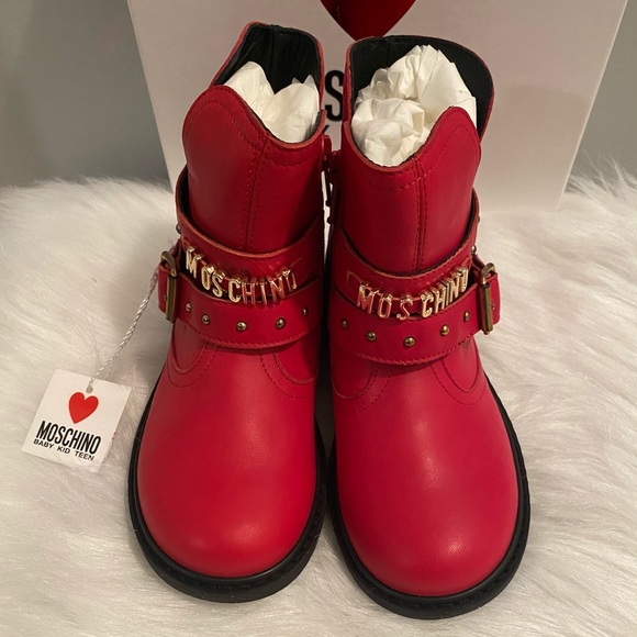 HOST PICK‼️Moschino Kid Rosso Red Leather Motor Boot Size 28 - Picture 4 of 11
